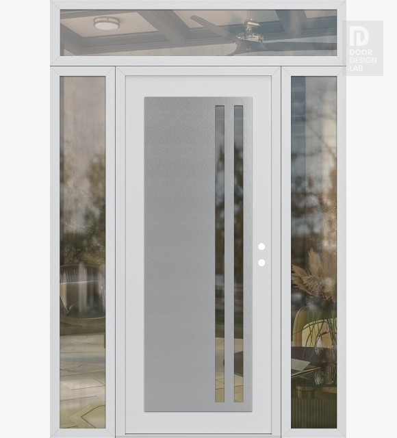 Modern Steel Front Door Diamond C6 68" x 96" white/white clear Glass Panel stainless steel LHI with 2 Sidelites and Transom clear Glass