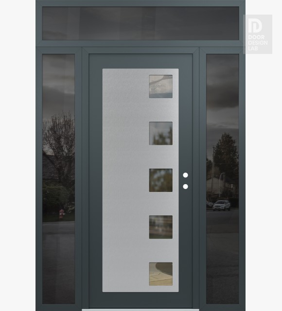 Modern Steel Front Door Diamond C5 64" x 96" anthracite/anthracite clear Glass Panel stainless steel LHI with 2 Sidelites and Transom mirrored Glass