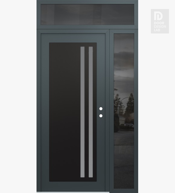 Modern Steel Front Door Diamond C6 48" x 96" anthracite/anthracite frosted Glass Panel black LHI with Sidelite and Transom mirrored Glass