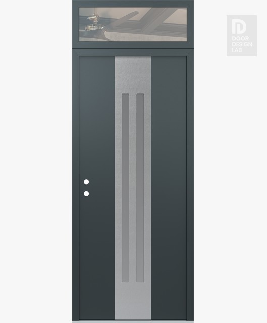 Modern Steel Front Door DIAMOND A8 36" X 96" ANTHRACITE/ANTHRACITE FROSTED GLASS PANEL STAINLESS STEEL RHI WITH TRANSOM CLEAR GLASS