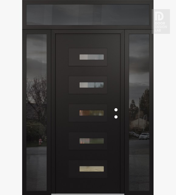 Modern Steel Front Door Diamond D6 64" x 96" black/black clear Glass Panel black LHI with 2 Sidelites and Transom mirrored Glass
