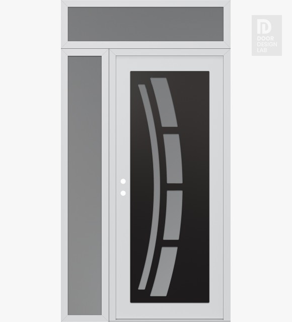 Modern Steel Front Door Diamond C12 52" x 96" white/white frosted Glass Panel black RHI with Sidelite and Transom frosted Glass