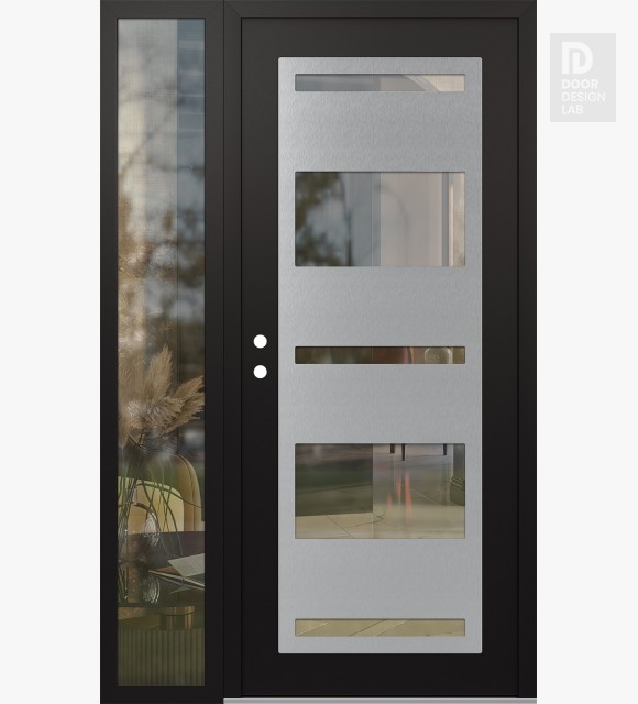Modern Steel Front Door Diamond C10 48" x 80" black/black clear Glass Panel stainless steel RHI with Sidelite clear Glass