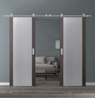 DOUBLE BARN DOOR PALLADIO 202 VETRO GRAY OAK 56" X 96" X 1 9/16" TEMPERED FROSTED GLASS STAINLESS STEEL HARDWARE
