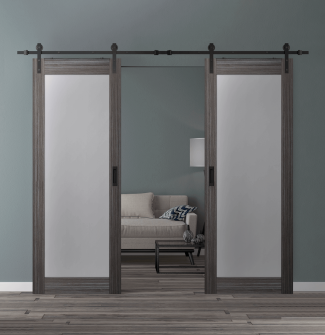 DOUBLE BARN DOOR PALLADIO 207 VETRO GRAY OAK 48" X 80" X 1 9/16" TEMPERED FROSTED GLASS BLACK HARDWARE