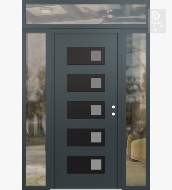 Modern Steel Front Door Diamond D2 64" x 96" anthracite/anthracite frosted Glass Panel black LHI with 2 Sidelites and Transom clear Glass