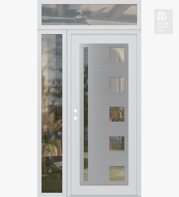 Modern Steel Front Door Diamond C3 50" x 96" white/white clear Glass Panel stainless steel RHI with Sidelite and Transom clear Glass