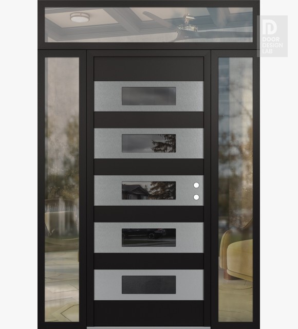 Modern Steel Front Door Diamond D5 64" x 96" black/black mirrored Glass Panel stainless steel LHI with 2 Sidelites and Transom clear Glass