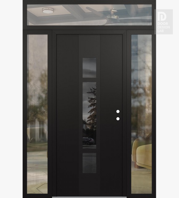 Modern Steel Front Door DIAMOND A9 68" X 96" BLACK/BLACK MIRRORED GLASS PANEL BLACK LHI WITH 2 SIDELITES AND TRANSOM CLEAR GLASS
