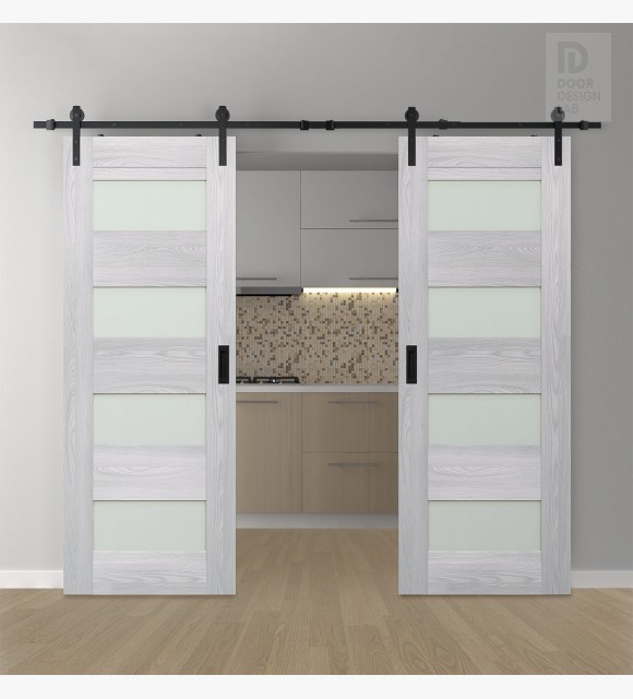DOUBLE BARN DOOR AVON 07-08 VETRO RIBEIRA ASH 56" X 80" X 1 3/4" BLACK HARDWARE