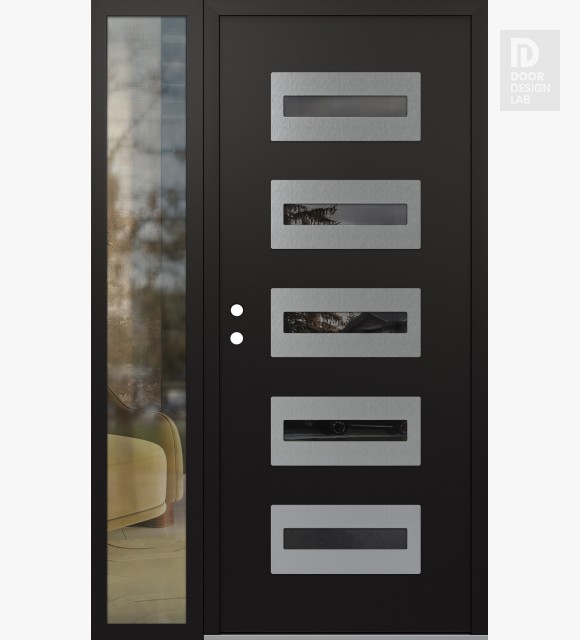 Modern Steel Front Door Diamond D4 48" x 80" black/black mirrored Glass Panel stainless steel RHI with Sidelite clear Glass