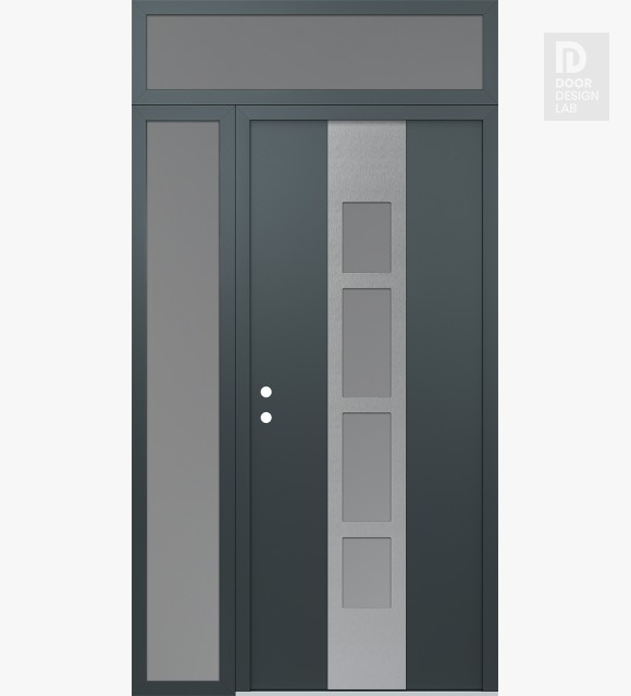 Modern Steel Front Door DIAMOND A10 52" X 96" ANTHRACITE/ANTHRACITE FROSTED GLASS PANEL STAINLESS STEEL RHI WITH SIDELITE AND TRANSOM FROSTED GLASS