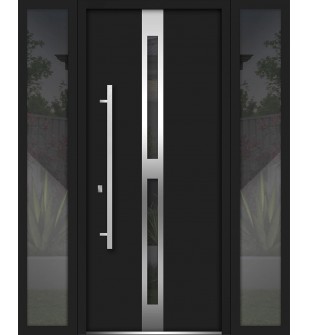Front Exterior Prehung Steel Door / Deux 1755 Black Enamel / 2 Side Exterior Windows / Stainless Inserts Single Modern Painted-W16+36+16" x H80"-Right-hand Inswing