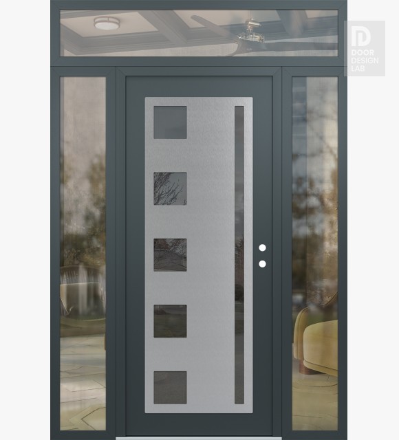Modern Steel Front Door Diamond C3 60" x 96" anthracite/anthracite mirrored Glass Panel stainless steel LHI with 2 Sidelites and Transom clear Glass