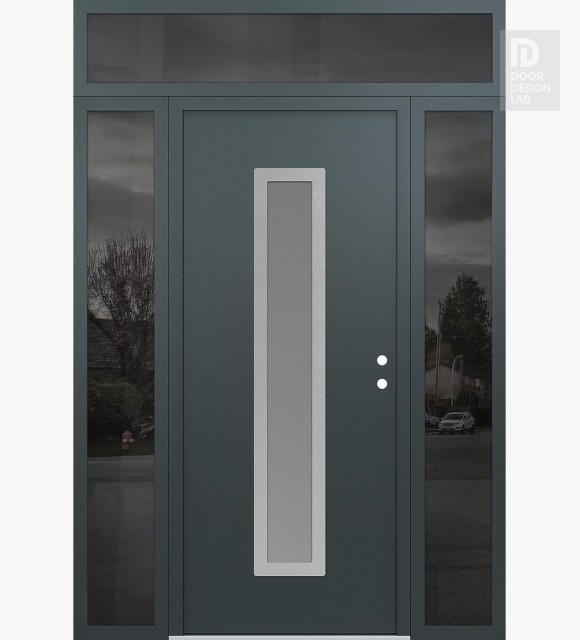 Modern Steel Front Door DIAMOND A11 64" X 96" ANTHRACITE/ANTHRACITE FROSTED GLASS PANEL STAINLESS STEEL LHI WITH 2 SIDELITES AND TRANSOM MIRRORED GLASS