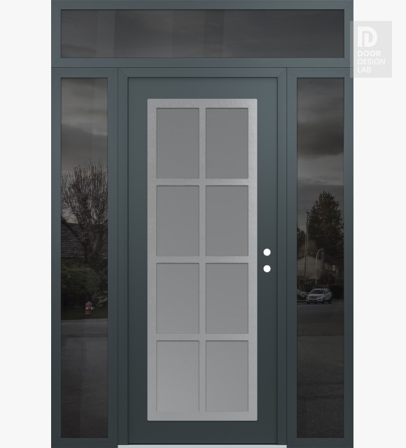 Modern Steel Front Door Diamond C16 68" x 96" anthracite/anthracite frosted Glass Panel stainless steel LHI with 2 Sidelites and Transom mirrored Glass