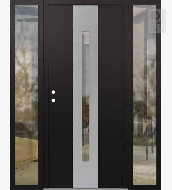 Modern Steel Front Door DIAMOND A2 60" X 80" BLACK/BLACK CLEAR GLASS PANEL STAINLESS STEEL RHI WITH 2 SIDELITES CLEAR GLASS