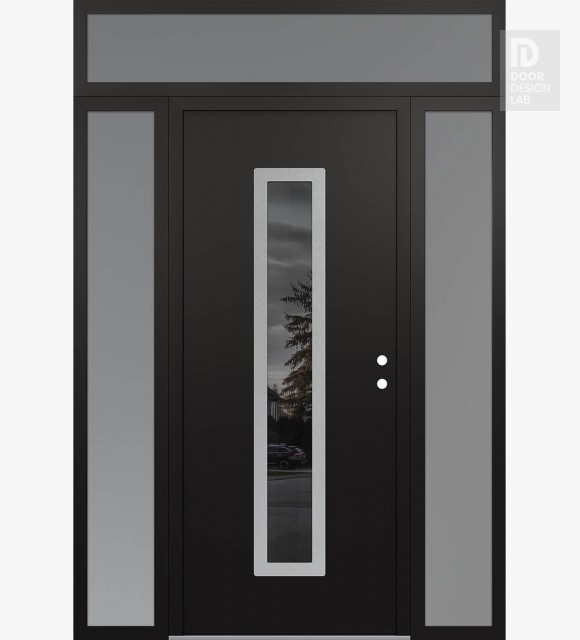 Modern Steel Front Door DIAMOND A11 64" X 96" BLACK/BLACK MIRRORED GLASS PANEL STAINLESS STEEL LHI WITH 2 SIDELITES AND TRANSOM FROSTED GLASS
