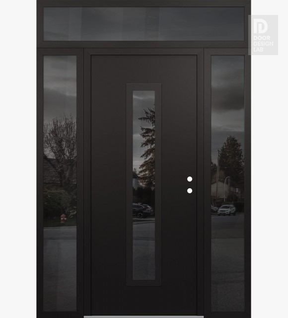 Modern Steel Front Door DIAMOND A11 64" X 96" BLACK/BLACK MIRRORED GLASS PANEL BLACK LHI WITH 2 SIDELITES AND TRANSOM MIRRORED GLASS