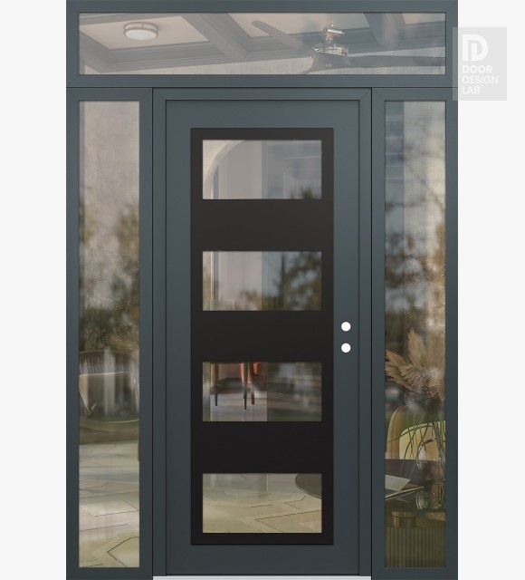 Modern Steel Front Door Diamond C2 64" x 96" anthracite/anthracite clear Glass Panel black LHI with 2 Sidelites and Transom clear Glass