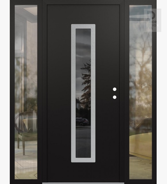 Modern Steel Front Door DIAMOND A11 60" X 80" BLACK/BLACK MIRRORED GLASS PANEL STAINLESS STEEL LHI WITH 2 SIDELITES CLEAR GLASS