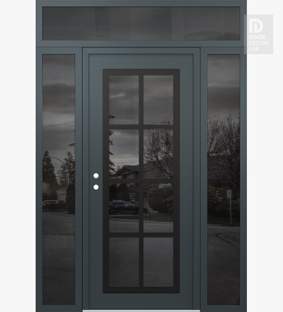 Modern Steel Front Door Diamond C16 68" x 96" anthracite/anthracite mirrored Glass Panel black RHI with 2 Sidelites and Transom mirrored Glass