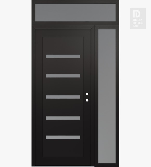 Modern Steel Front Door Diamond C7 52" x 96" black/white frosted Glass Panel black LHI with Sidelite and Transom frosted Glass