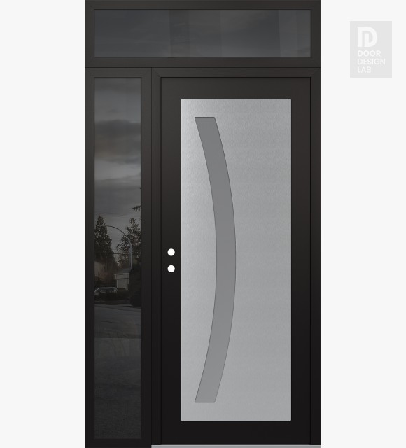 Modern Steel Front Door Diamond C4 50" x 96" black/white frosted Glass Panel stainless steel RHI with Sidelite and Transom mirrored Glass