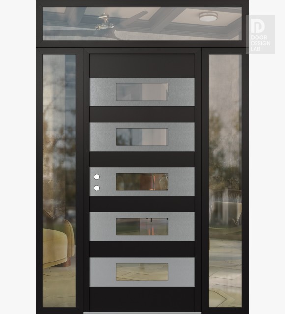 Modern Steel Front Door Diamond D5 60" x 96" black/black clear Glass Panel stainless steel RHI with 2 Sidelites and Transom clear Glass