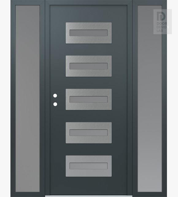 Modern Steel Front Door Diamond D4 60" x 80" anthracite/anthracite frosted Glass Panel stainless steel RHI with 2 Sidelites frosted Glass
