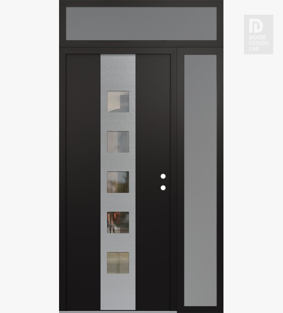 Modern Steel Front Door DIAMOND A13 50" X 96" BLACK/BLACK CLEAR GLASS PANEL STAINLESS STEEL LHI WITH SIDELITE AND TRANSOM FROSTED GLASS