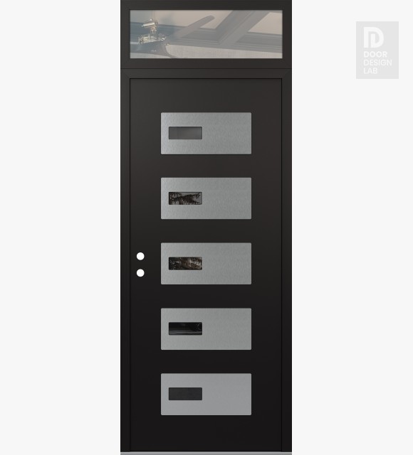 Modern Steel Front Door Diamond D7 36" x 96" black/black mirrored Glass Panel stainless steel RHI with Transom clear Glass