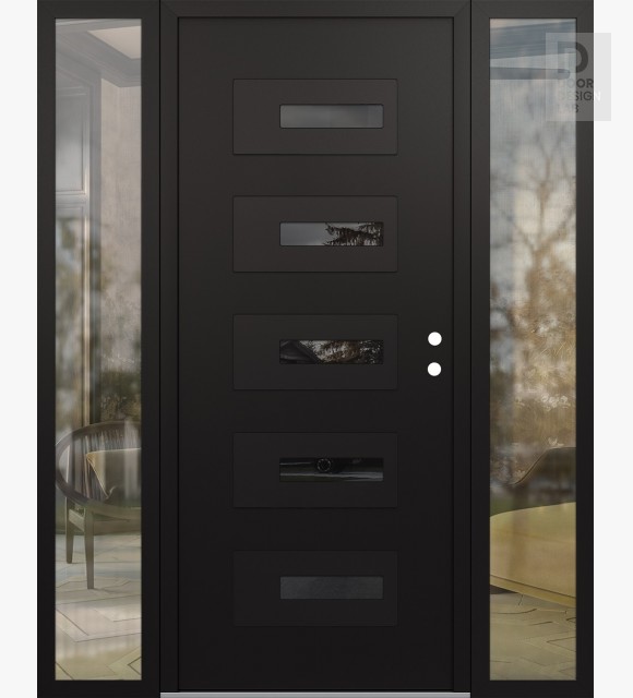 Modern Steel Front Door Diamond D6 60" x 80" black/black mirrored Glass Panel black LHI with 2 Sidelites clear Glass