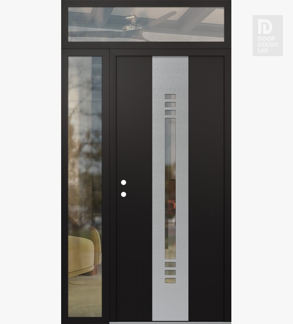 Modern Steel Front Door DIAMOND A5 48" X 96" BLACK/BLACK CLEAR GLASS PANEL STAINLESS STEEL RHI WITH SIDELITE AND TRANSOM CLEAR GLASS