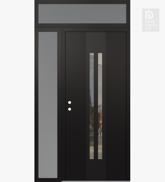 Modern Steel Front Door DIAMOND A8 48" X 96" BLACK/BLACK CLEAR GLASS PANEL BLACK RHI WITH SIDELITE AND TRANSOM FROSTED GLASS
