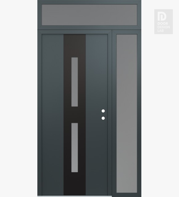Modern Steel Front Door DIAMOND A6 50" X 96" ANTHRACITE/ANTHRACITE FROSTED GLASS PANEL BLACK LHI WITH SIDELITE AND TRANSOM FROSTED GLASS