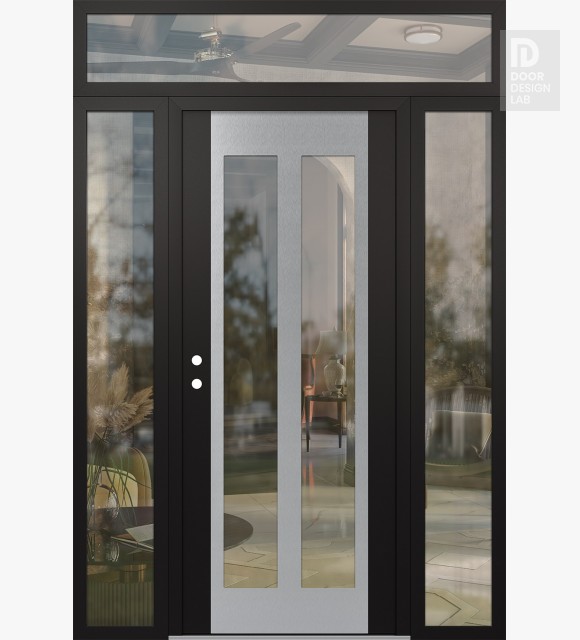 Modern Steel Front Door Diamond C14 68" x 96" black/black clear Glass Panel stainless steel RHI with 2 Sidelites and Transom clear Glass