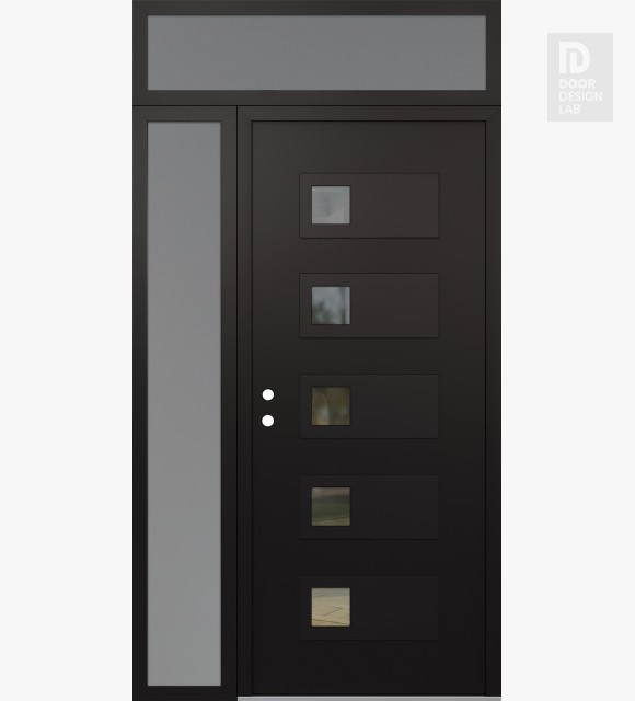 Modern Steel Front Door Diamond D2 52" x 96" black/black clear Glass Panel black RHI with Sidelite and Transom frosted Glass