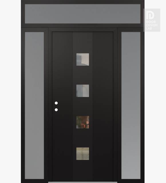 Modern Steel Front Door DIAMOND A12 64" X 96" BLACK/BLACK CLEAR GLASS PANEL BLACK RHI WITH 2 SIDELITES AND TRANSOM FROSTED GLASS