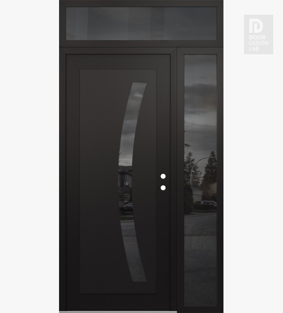 Modern Steel Front Door Diamond C4 50" x 96" black/black mirrored Glass Panel black LHI with Sidelite and Transom mirrored Glass