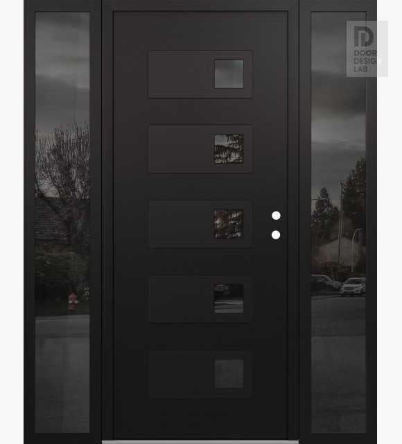 Modern Steel Front Door Diamond D2 60" x 80" black/black mirrored Glass Panel black LHI with 2 Sidelites mirrored Glass