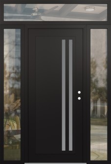 Diamond C6 64" x 96" black/white frosted Glass Panel black LHI with 2 Sidelites and Transom clear Glass