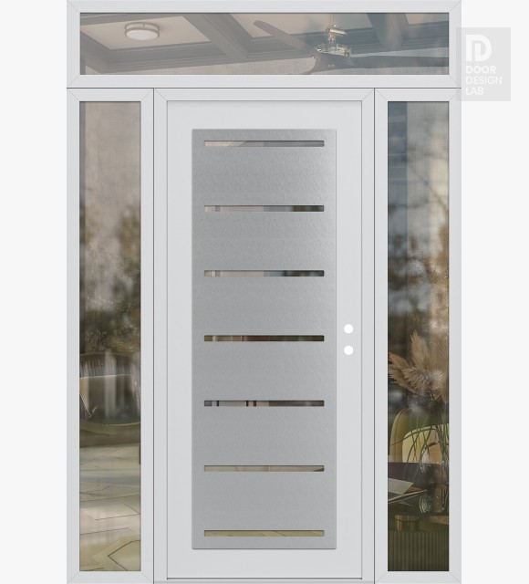 Modern Steel Front Door Diamond C11 60" x 96" white/white clear Glass Panel stainless steel LHI with 2 Sidelites and Transom clear Glass