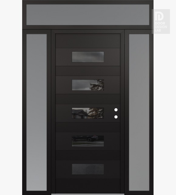 Modern Steel Front Door Diamond D5 60" x 96" black/black mirrored Glass Panel black LHI with 2 Sidelites and Transom frosted Glass