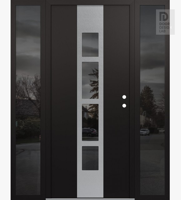 Modern Steel Front Door DIAMOND A10 68" X 80" BLACK/BLACK MIRRORED GLASS PANEL STAINLESS STEEL LHI WITH 2 SIDELITES MIRRORED GLASS