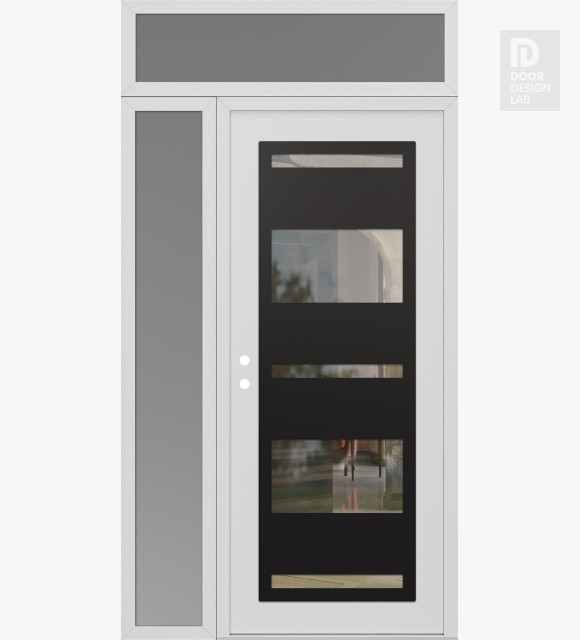 Modern Steel Front Door Diamond C10 52" x 96" white/white clear Glass Panel black RHI with Sidelite and Transom frosted Glass
