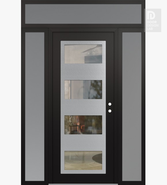 Modern Steel Front Door Diamond C2 60" x 96" black/black clear Glass Panel stainless steel LHI with 2 Sidelites and Transom frosted Glass