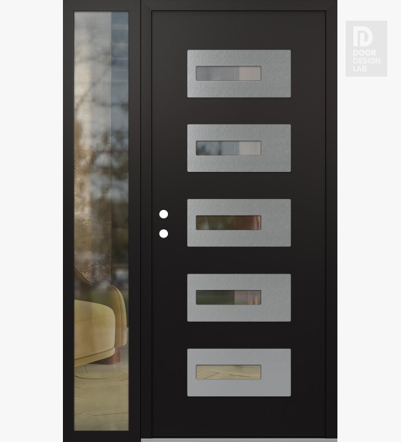 Modern Steel Front Door Diamond D6 48" x 80" black/black clear Glass Panel stainless steel RHI with Sidelite clear Glass