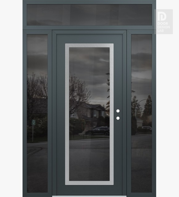 Modern Steel Front Door Diamond C1 68" x 96" anthracite/anthracite mirrored Glass Panel stainless steel LHI with 2 Sidelites and Transom mirrored Glass