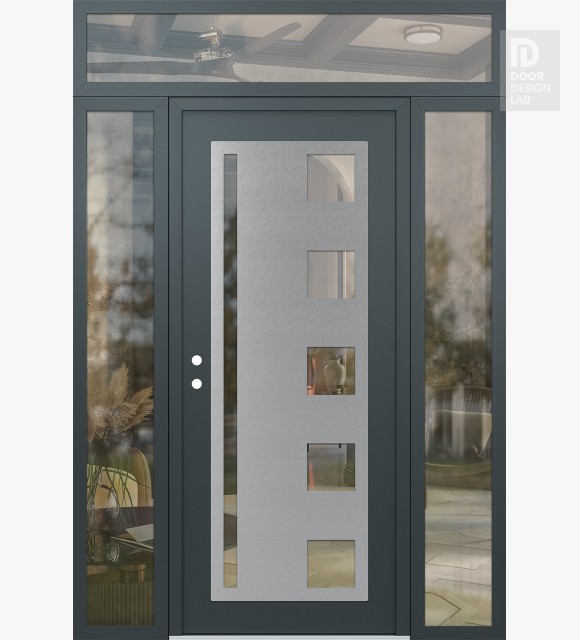 Modern Steel Front Door Diamond C3 64" x 96" anthracite/anthracite clear Glass Panel stainless steel RHI with 2 Sidelites and Transom clear Glass